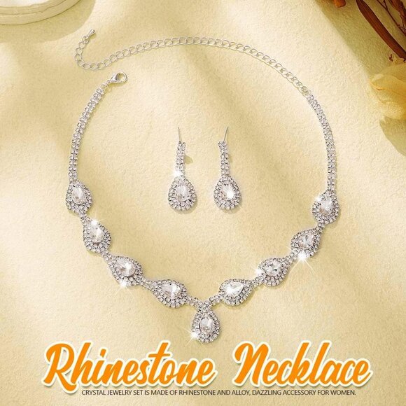 Crystal Bridal Jewelry Set for Women Silver Rhinestone Necklace Earrings Prom - Picture 2 of 7